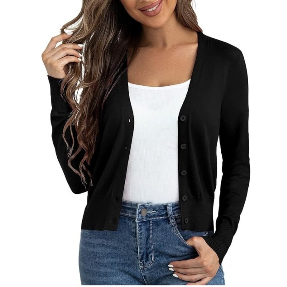 Ahlaray Cardigan Sweater Cropped Button Down Black Bolero Womens Size Medium
